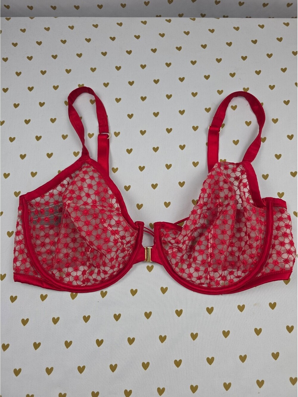 Victorias Secret Sheer Red Front Close Unlined Demi Balconette Bra 38DDD